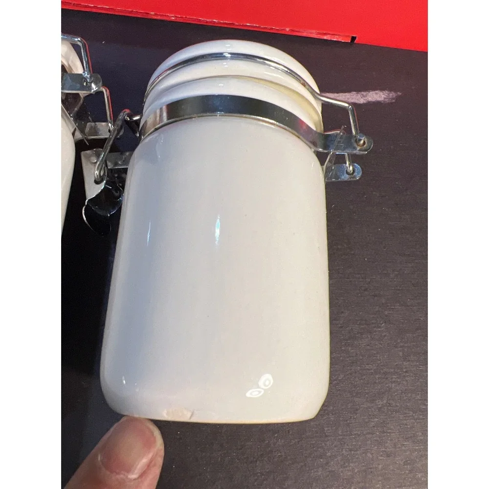 Oggi White Ceramic Canister Set of 2 Airtight Locking Metal Bail Jars Minimalist